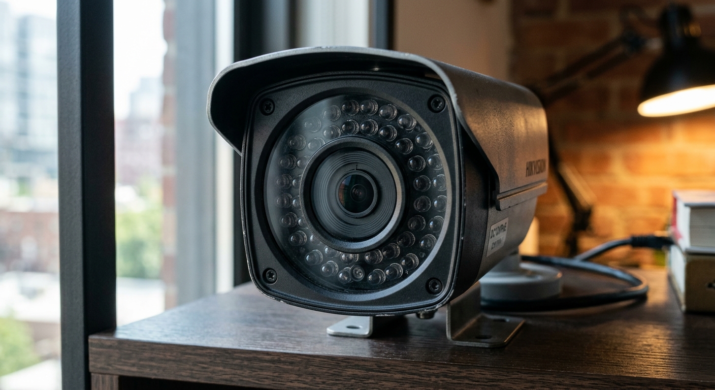 Rhode Island close-up of a security camera lens with infrared leds surrounding it
