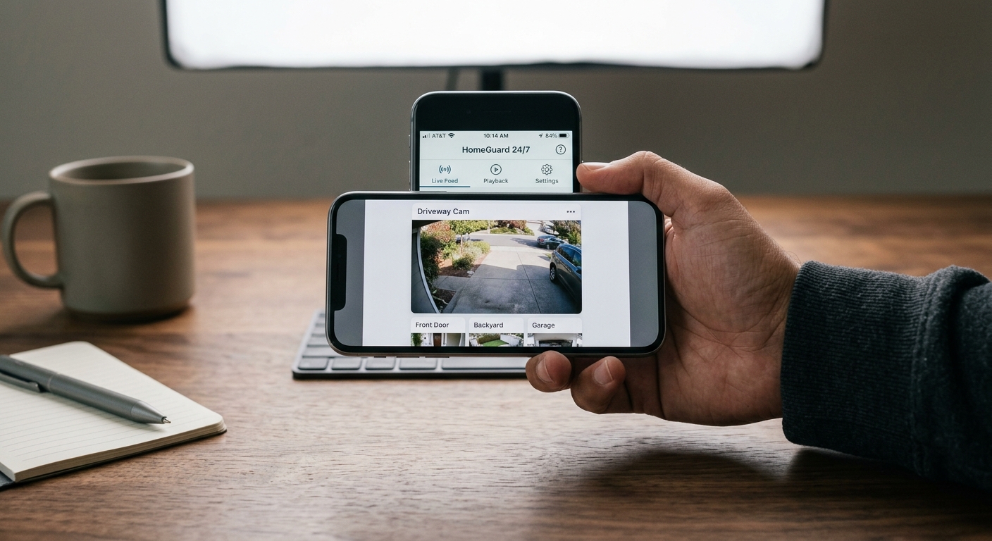 New Hampshire smartphone showing a security camera app with live feed thumbnail, held over a d