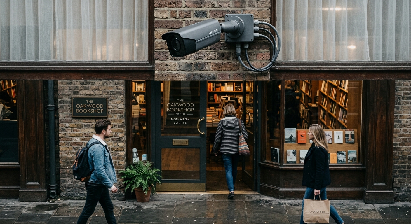 New Mexico security camera mounted above a retail store entrance, customers area below