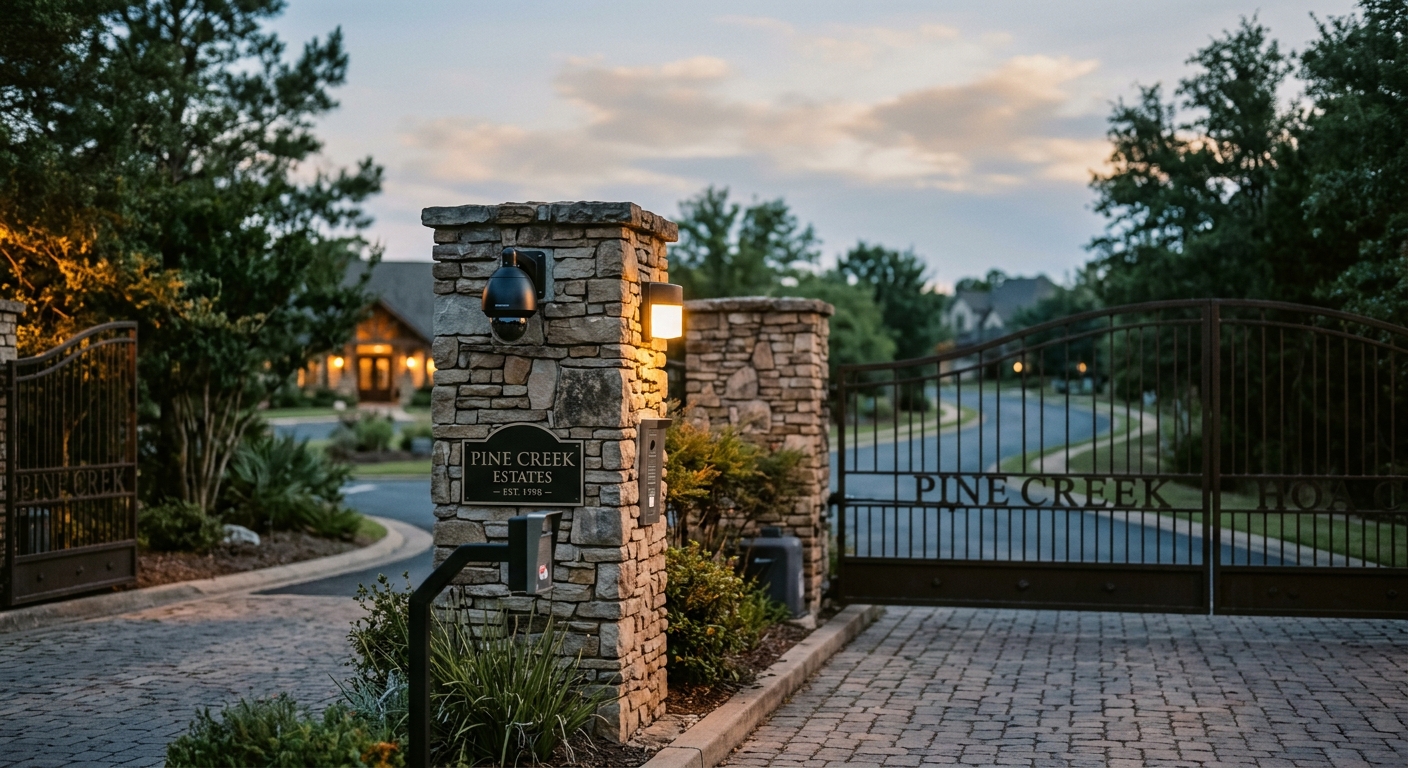 North Dakota hoa community entrance gate with a security camera on the pillar