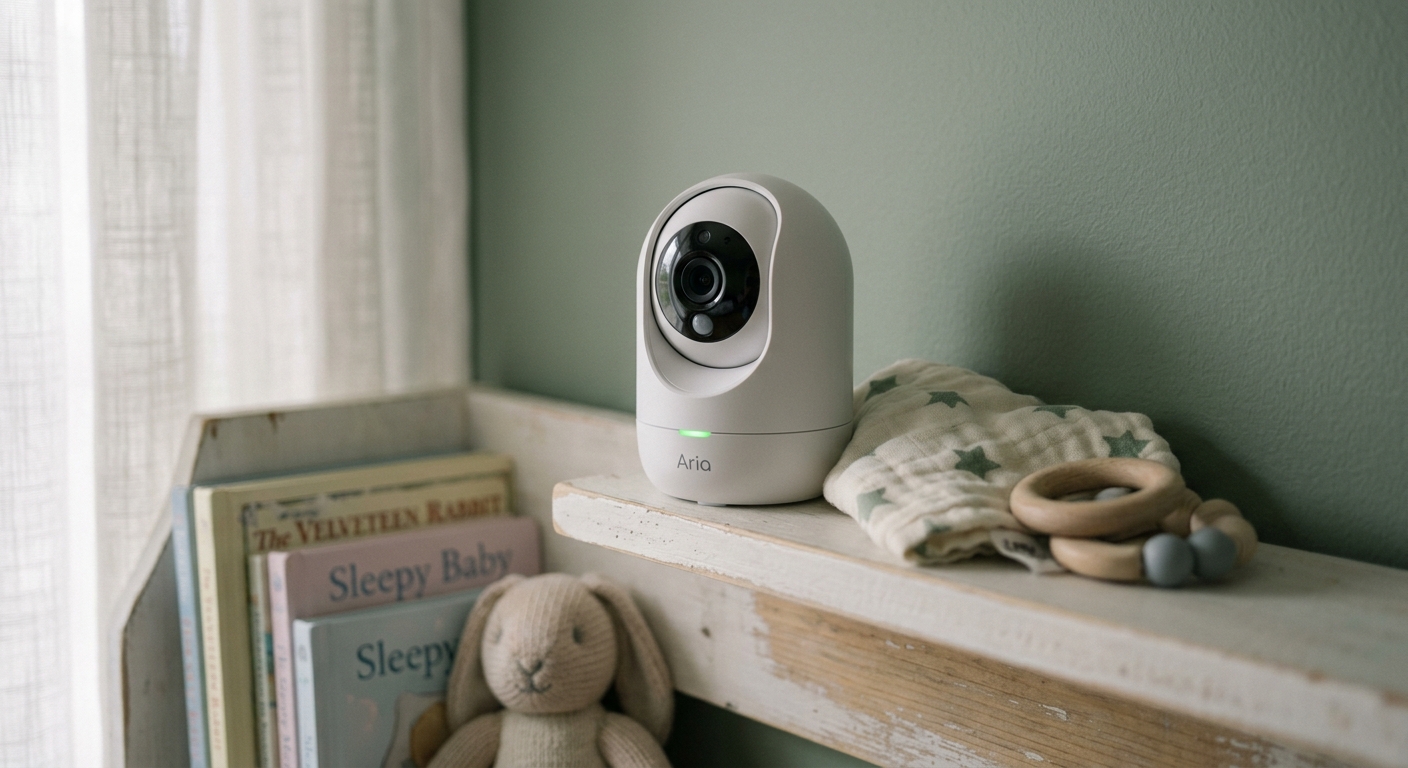 California baby monitor camera on a nursery shelf with a small green indicator light