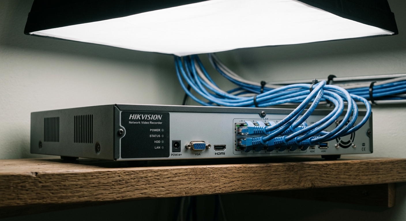 Mississippi network video recorder (nvr) box with ethernet cables on a shelf