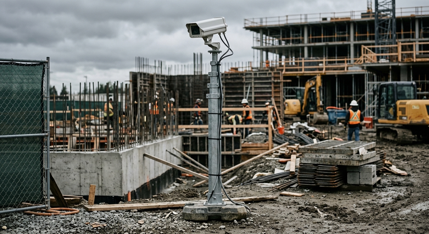 Maine construction site with a temporary security camera on a portable pole