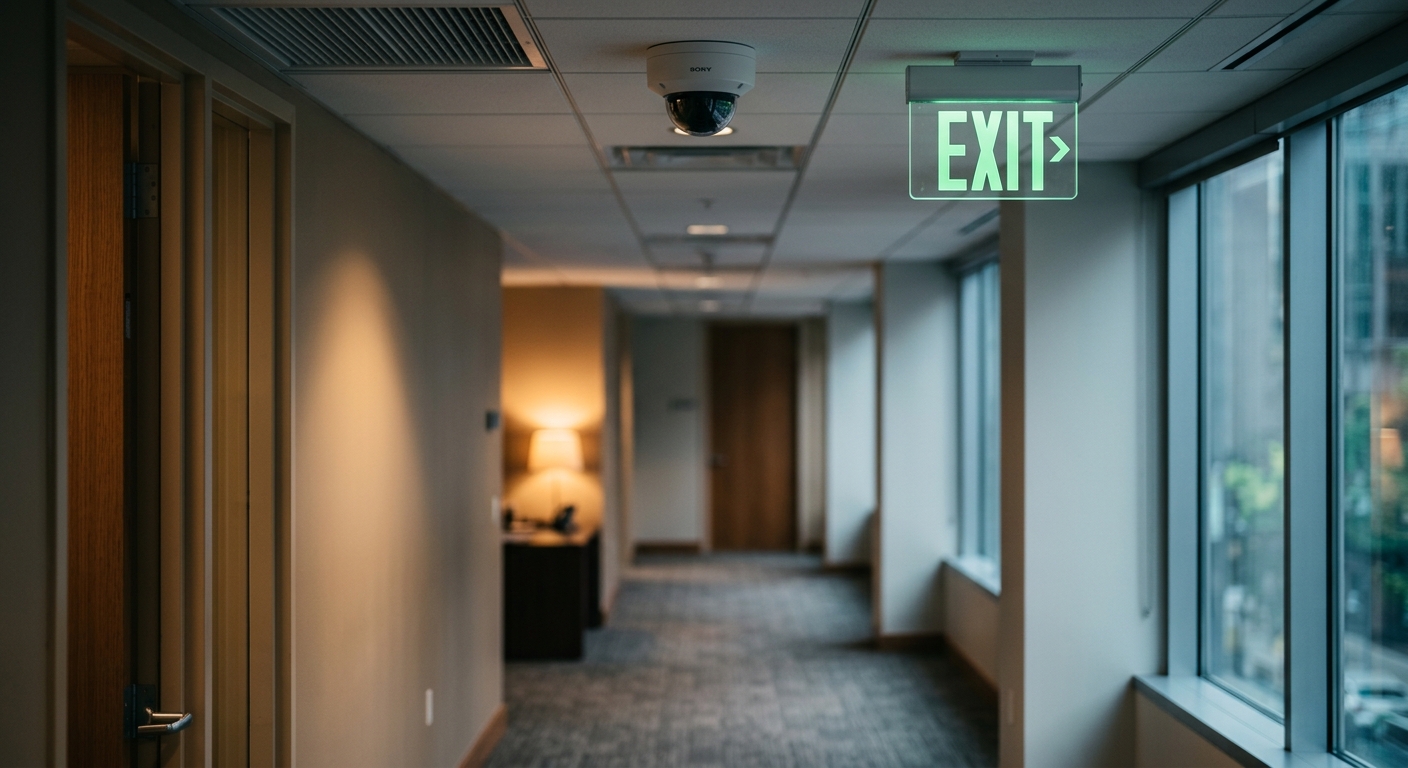 Ohio office hallway with a ceiling-mounted camera and exit sign visible