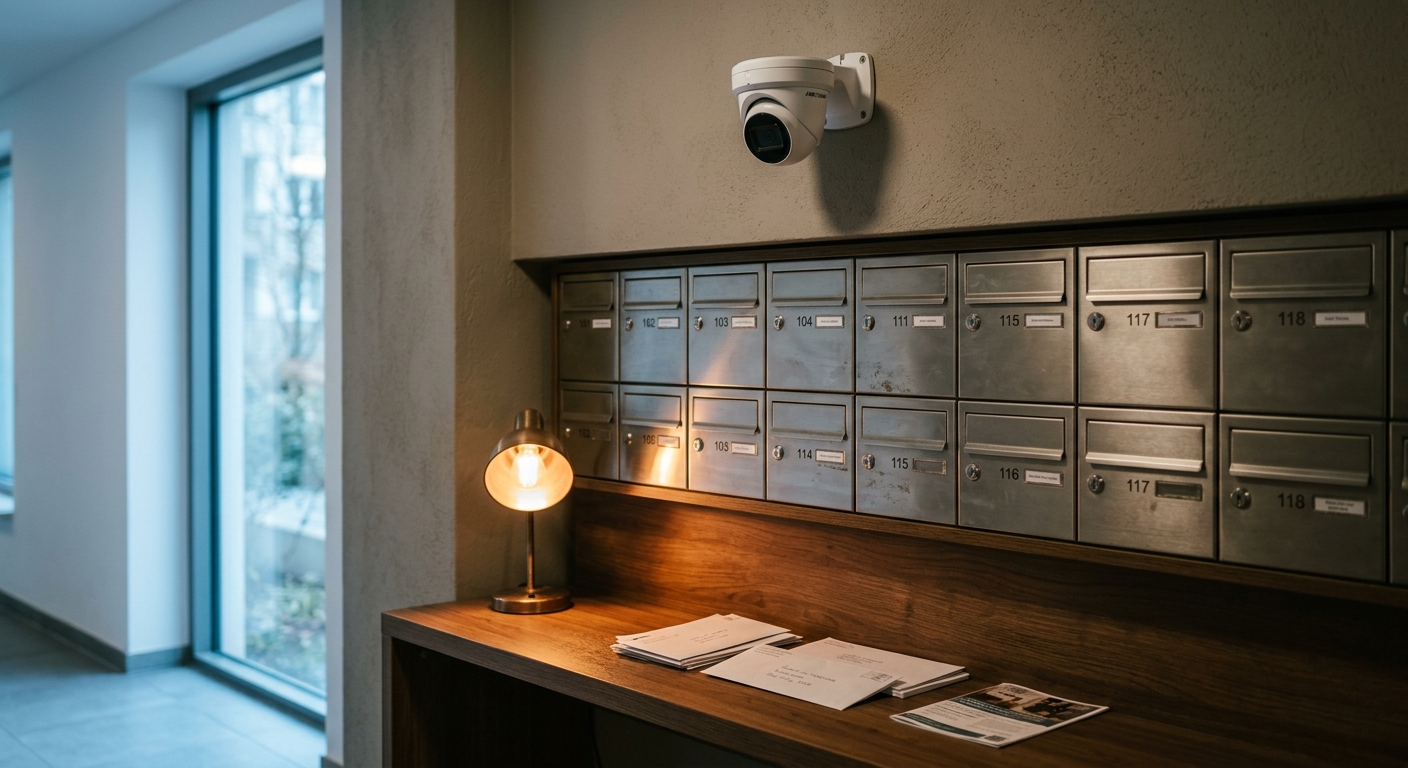Ohio mailbox area in an apartment complex with a small camera mounted above