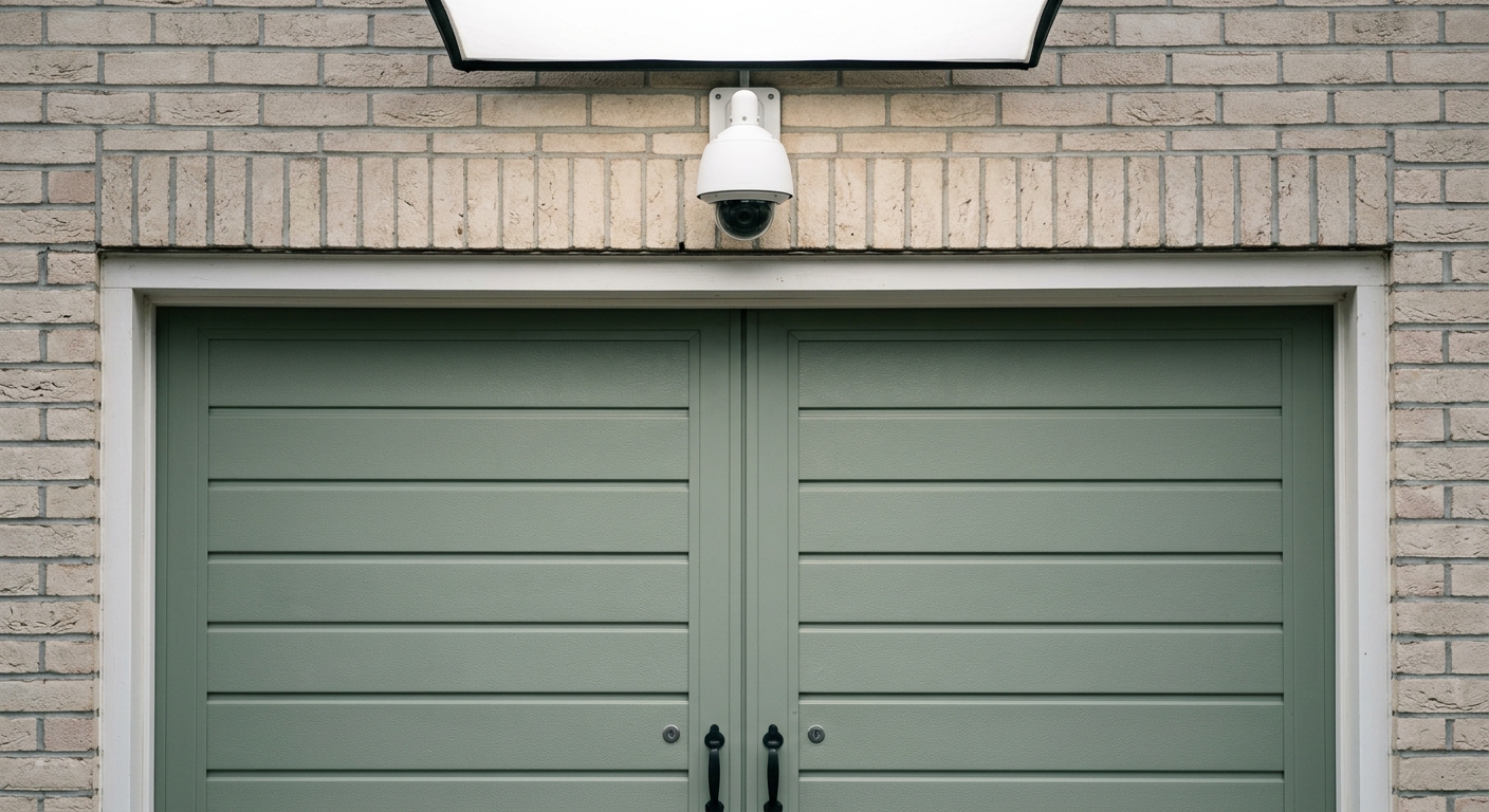 Rhode Island garage door with a security camera mounted above it on the exterior wall
