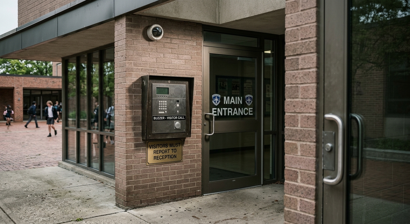 Montana school building entrance with a security camera and visitor buzzer panel