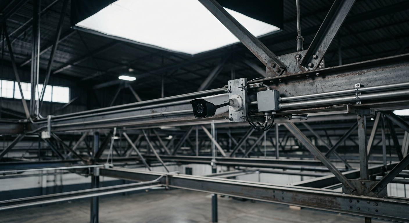 New Hampshire warehouse interior with high-mounted security cameras on metal rafters