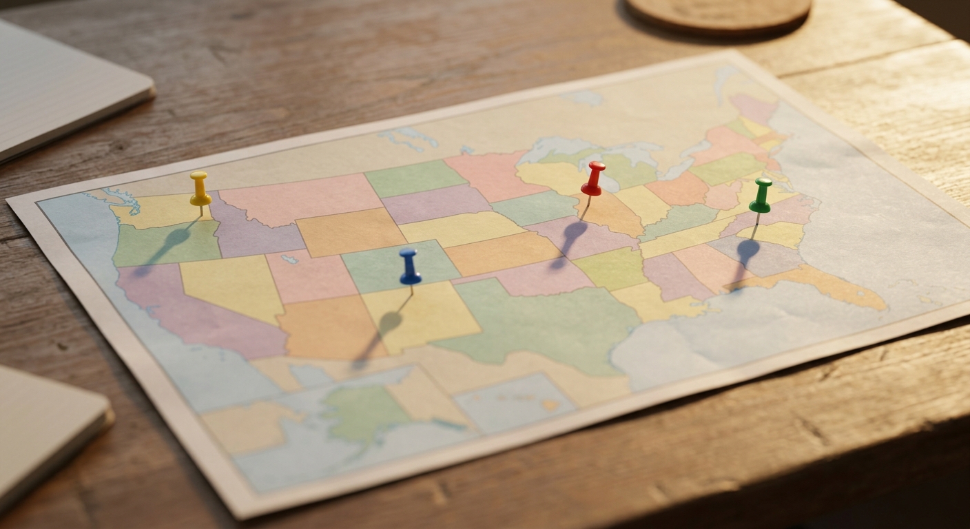 a printed map of the United States on a desk with a few small colored pins