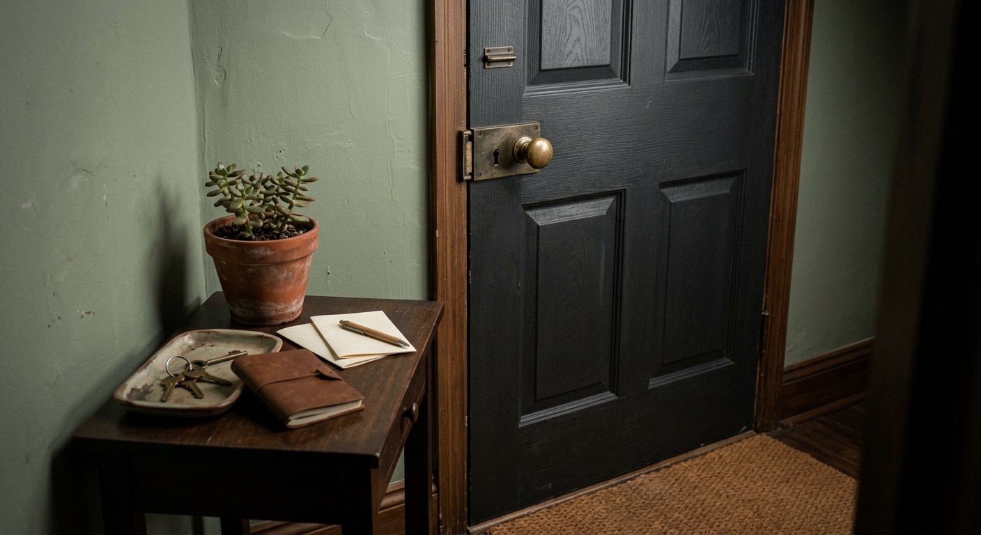a closed front door viewed from inside a dim entryway