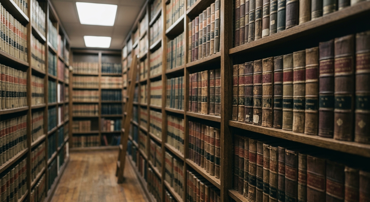 a quiet law library aisle with tall shelves of bound legal volumes