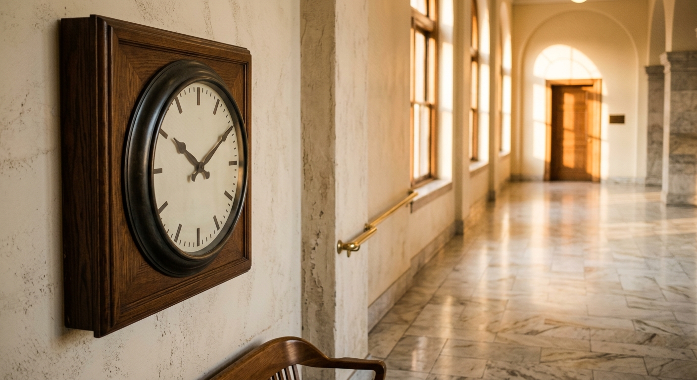 a wall-mounted analog clock in a courthouse hallway with marble floors