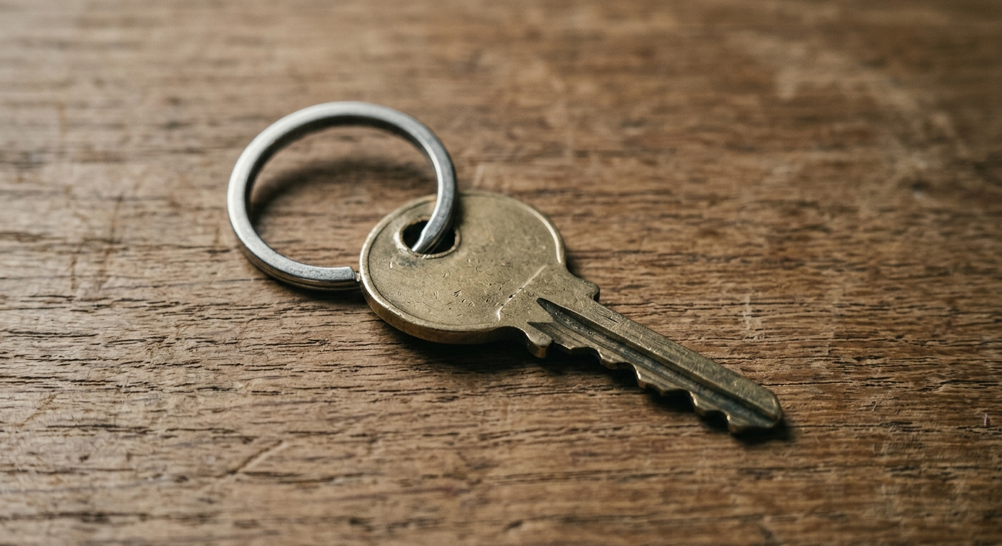 a single house key on a plain ring resting on a wooden table