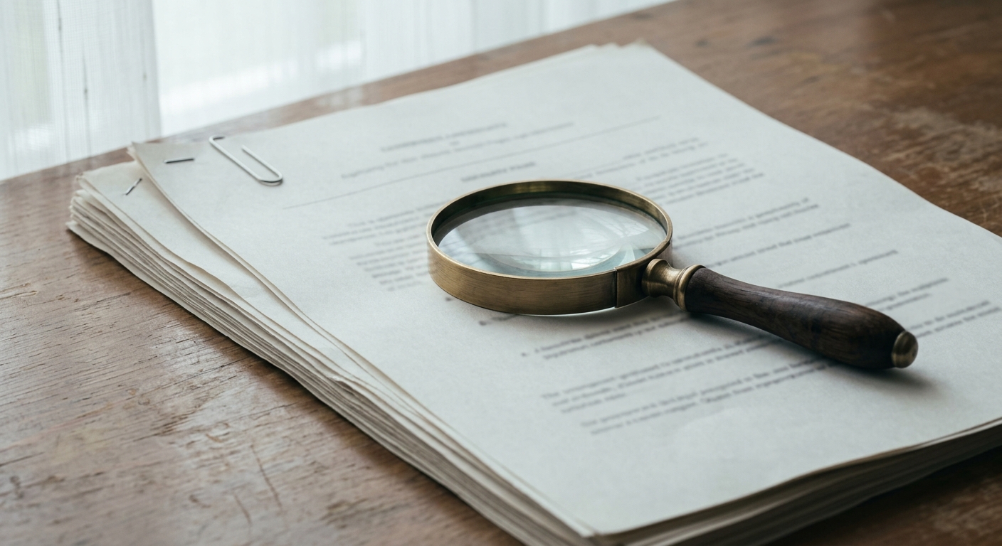 a magnifying glass resting on a printed legal form on a desk
