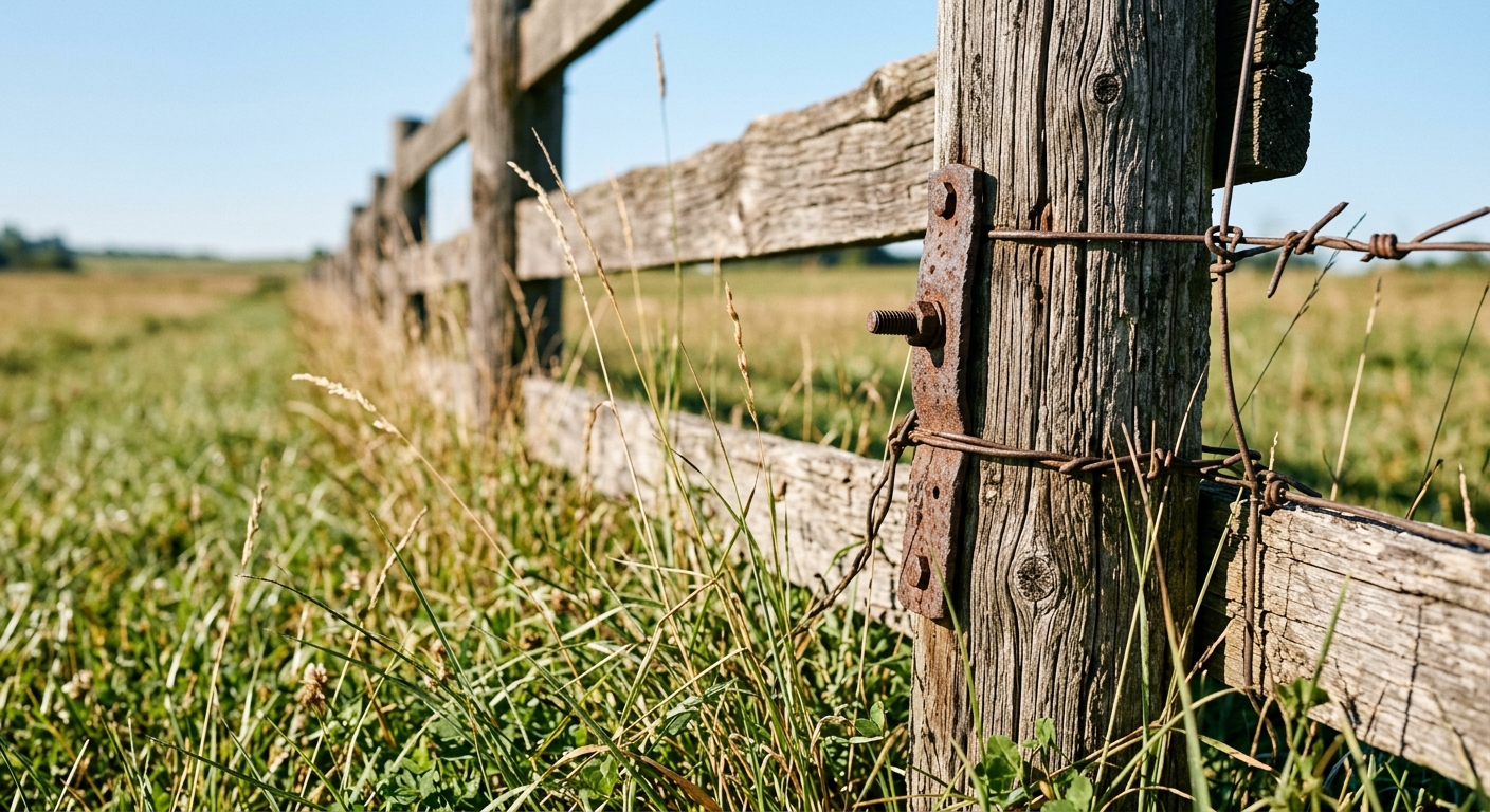 a weathered wooden fence running along a grassy property line under a clear sky