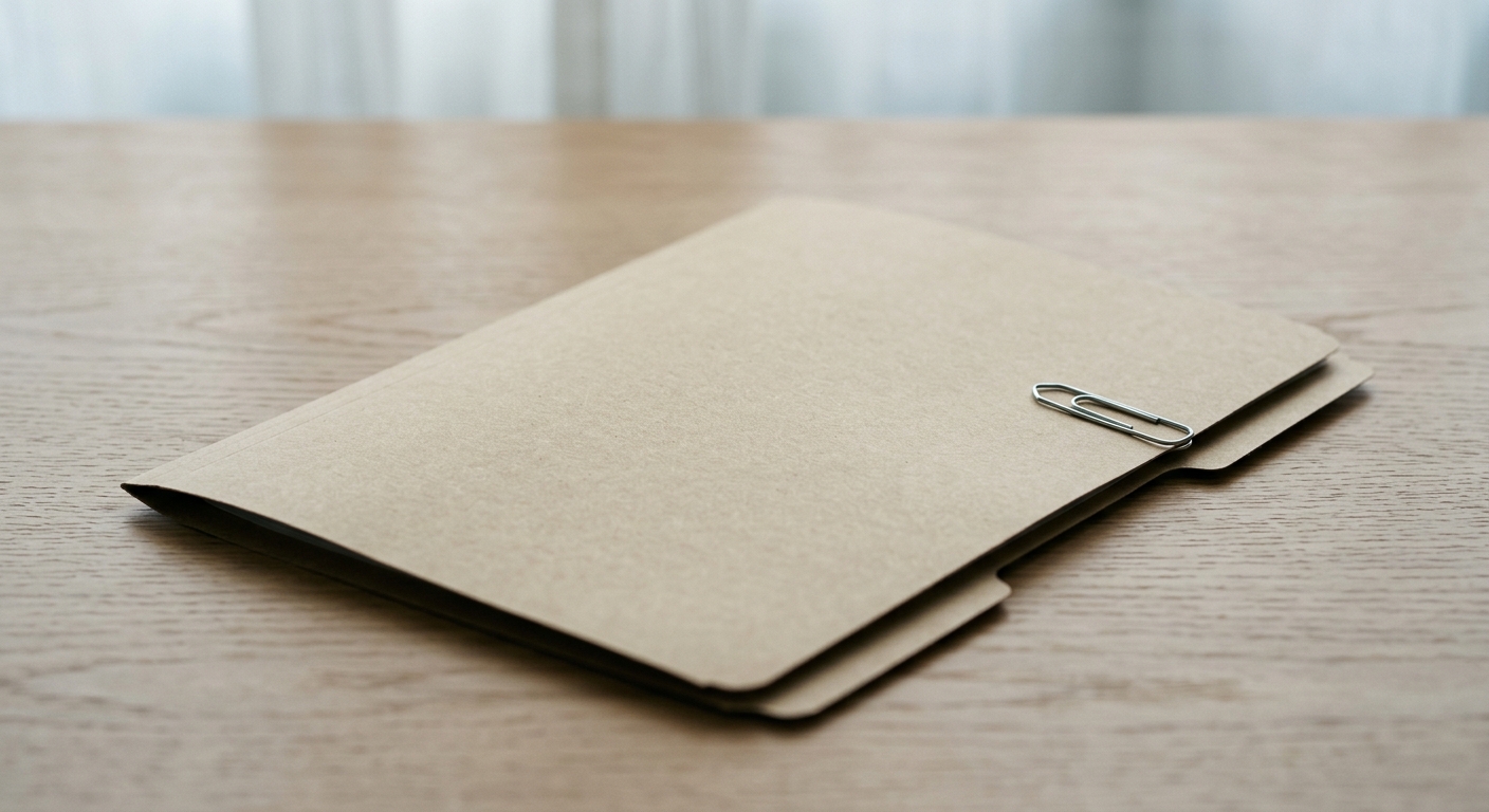 a closed manila case file folder with a single paper clip on a clean desk