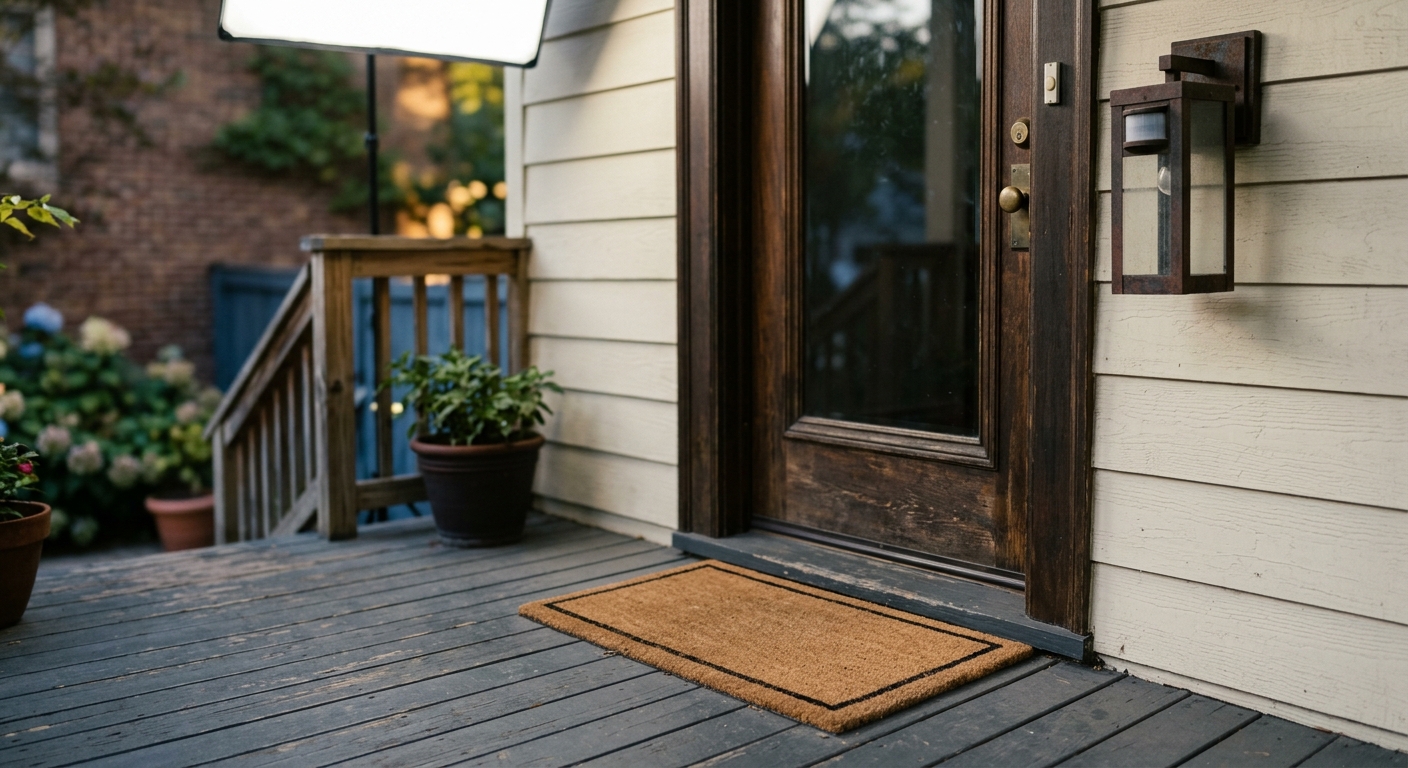 a front porch with a welcome mat and a motion light above the door