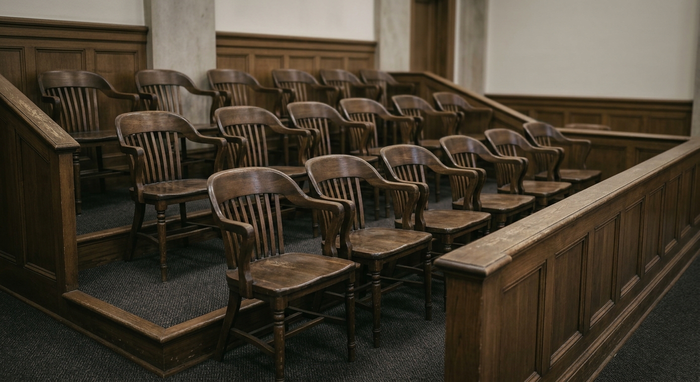 an empty jury box with rows of wooden chairs in a quiet courtroom