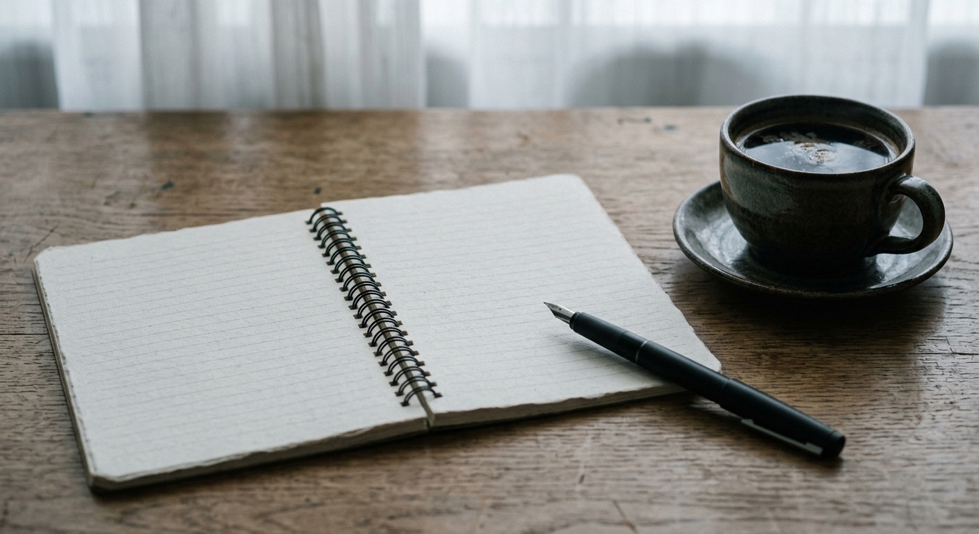 an open notebook and a pen beside a coffee cup on a desk