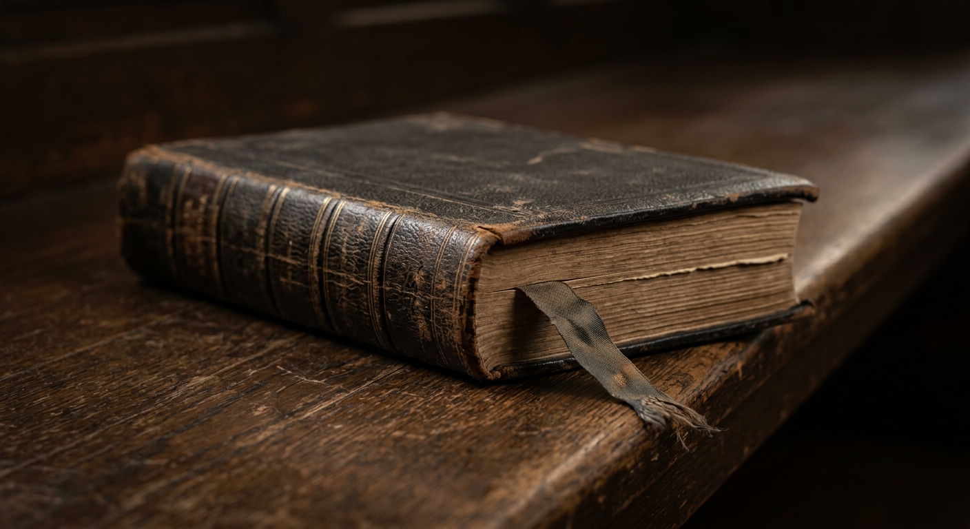 a closed law book with a faded ribbon marker resting on a bench