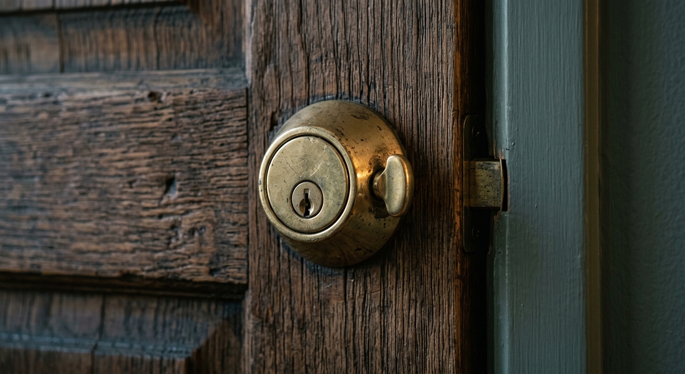 a close view of a brass deadbolt lock on a wooden door