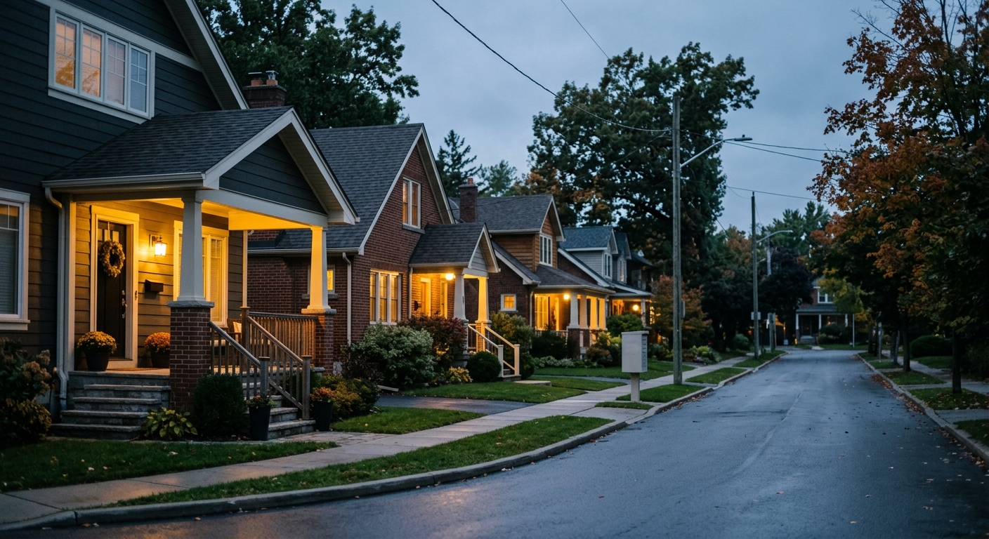 a quiet suburban street at dusk with warm porch lights along the houses