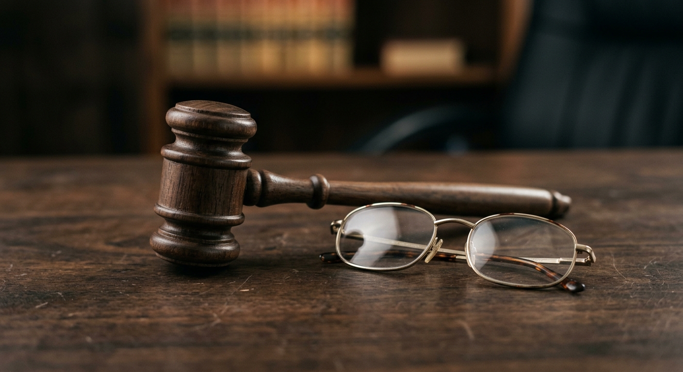 Federal gavel resting next to reading glasses on a dark surface