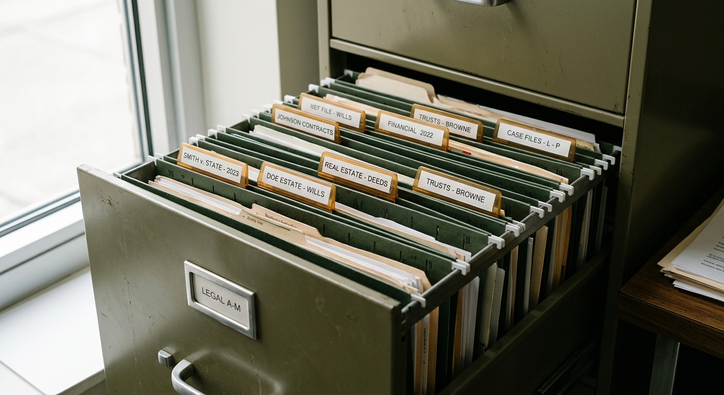 Federal filing cabinet with organized legal folders