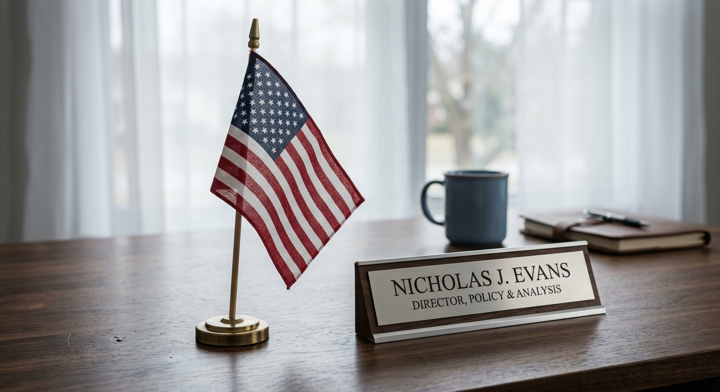 Federal small american flag standing on a desk beside a nameplate