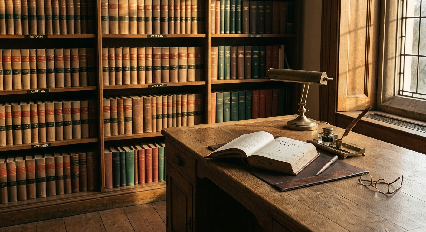 slip and fall: library reading room with rows of law books and a wooden desk