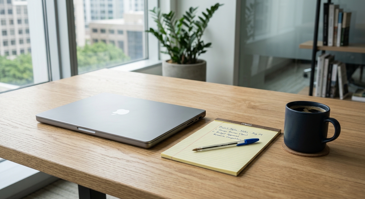 slip and fall: clean desk with a laptop, legal pad, and coffee mug in a modern office