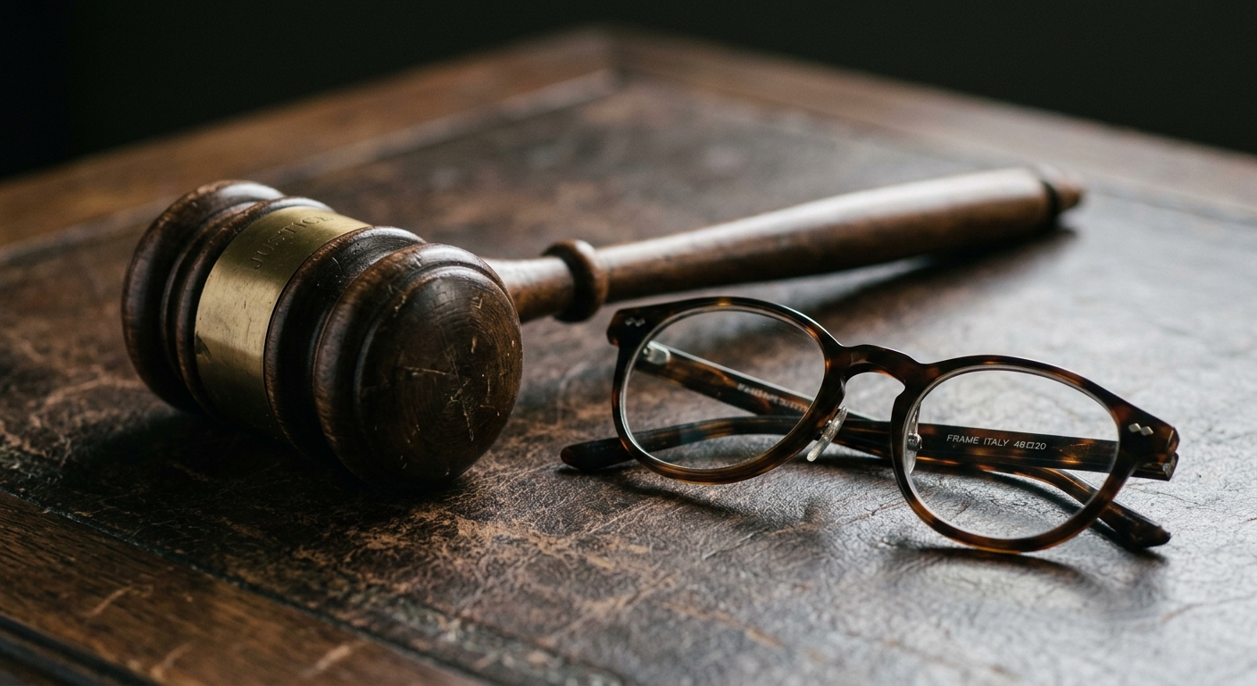 gavel resting next to reading glasses on a dark surface