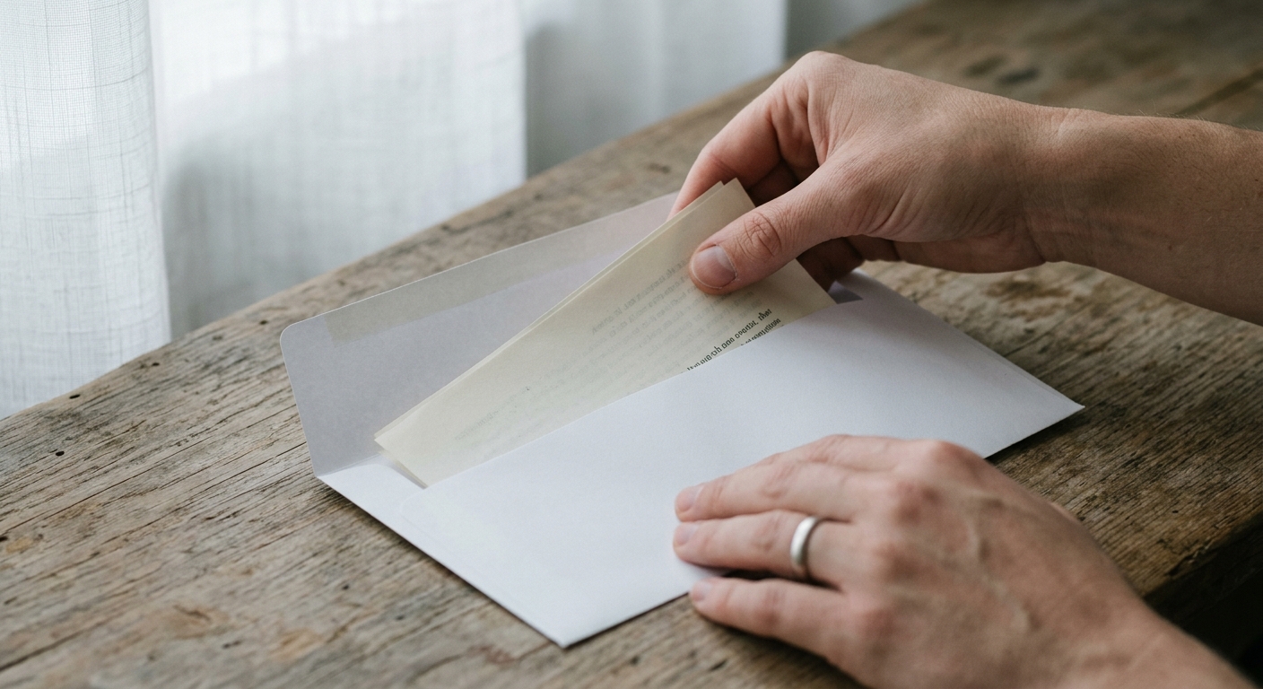 hands placing a document into a white envelope