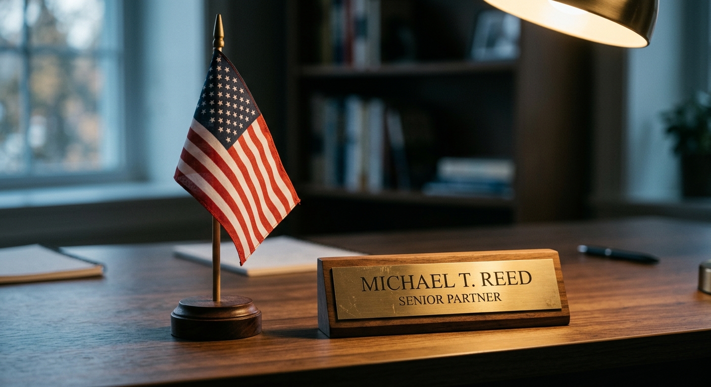 slip and fall: small american flag standing on a desk beside a nameplate
