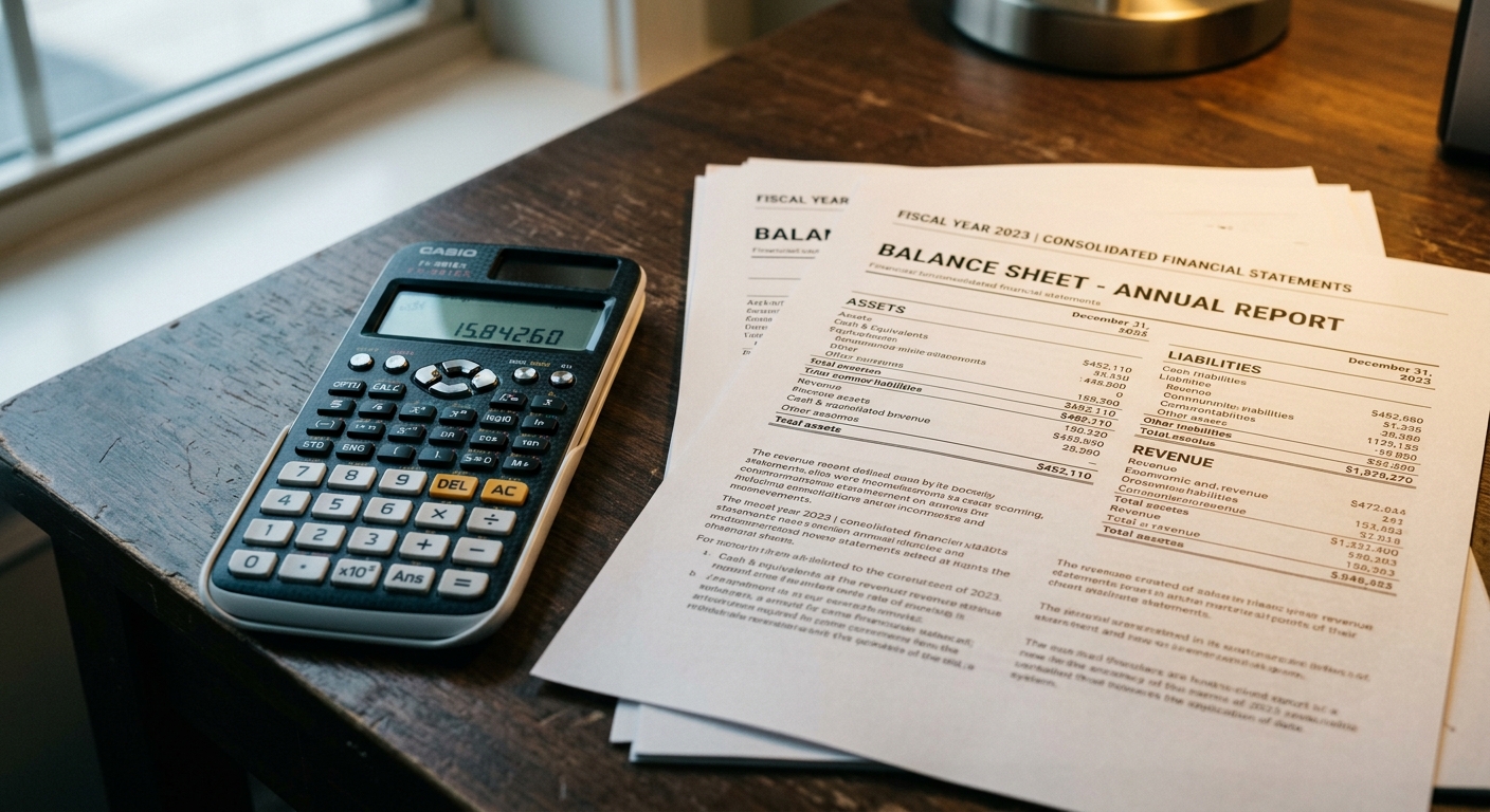 slip and fall: calculator beside printed financial statements on a desk