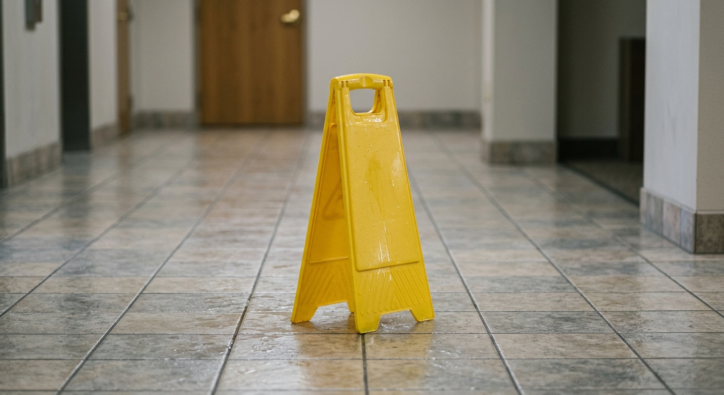 a yellow wet-floor caution cone on a tiled floor, no people