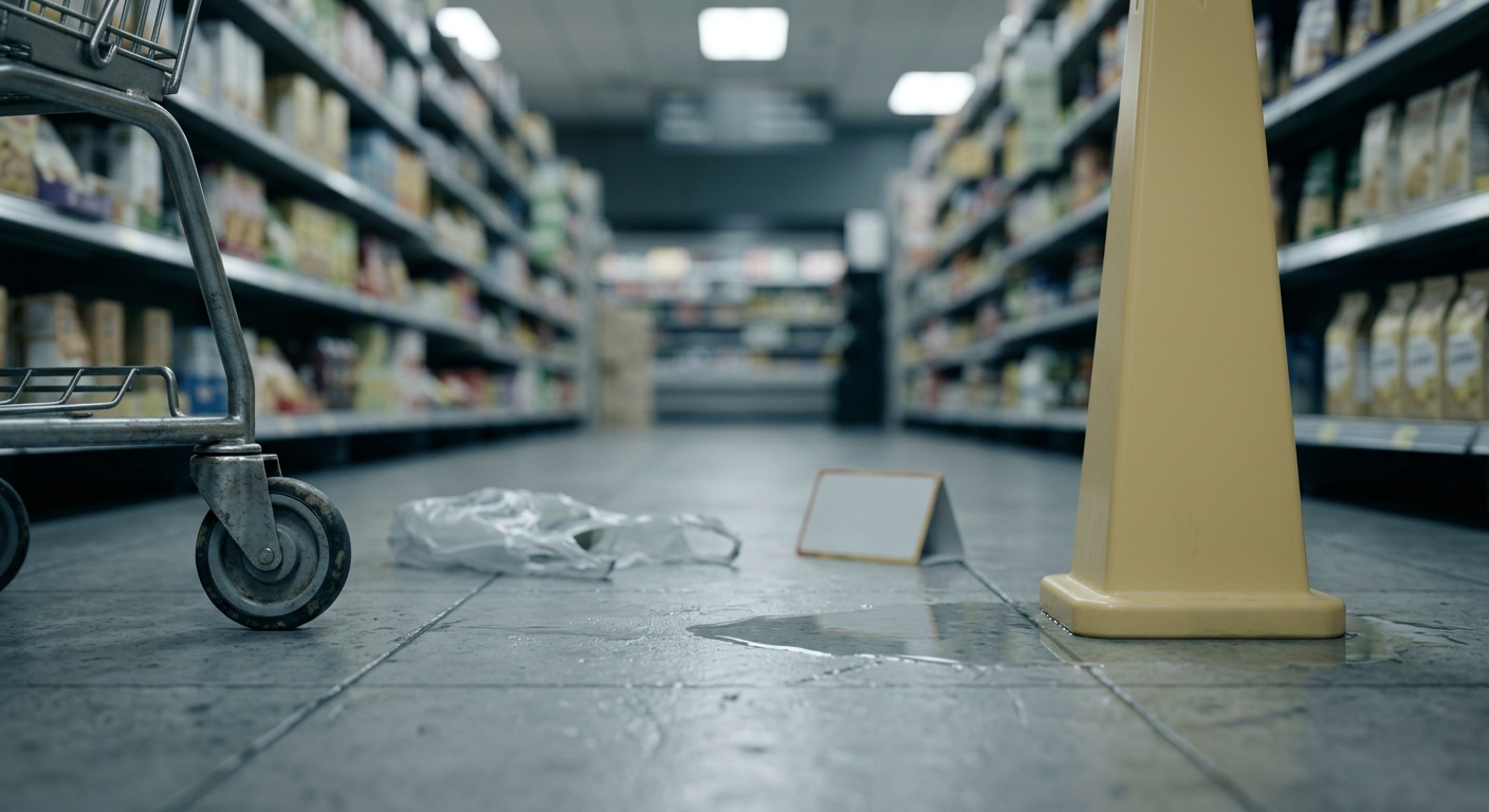 a wet supermarket aisle floor with a faint puddle, no people