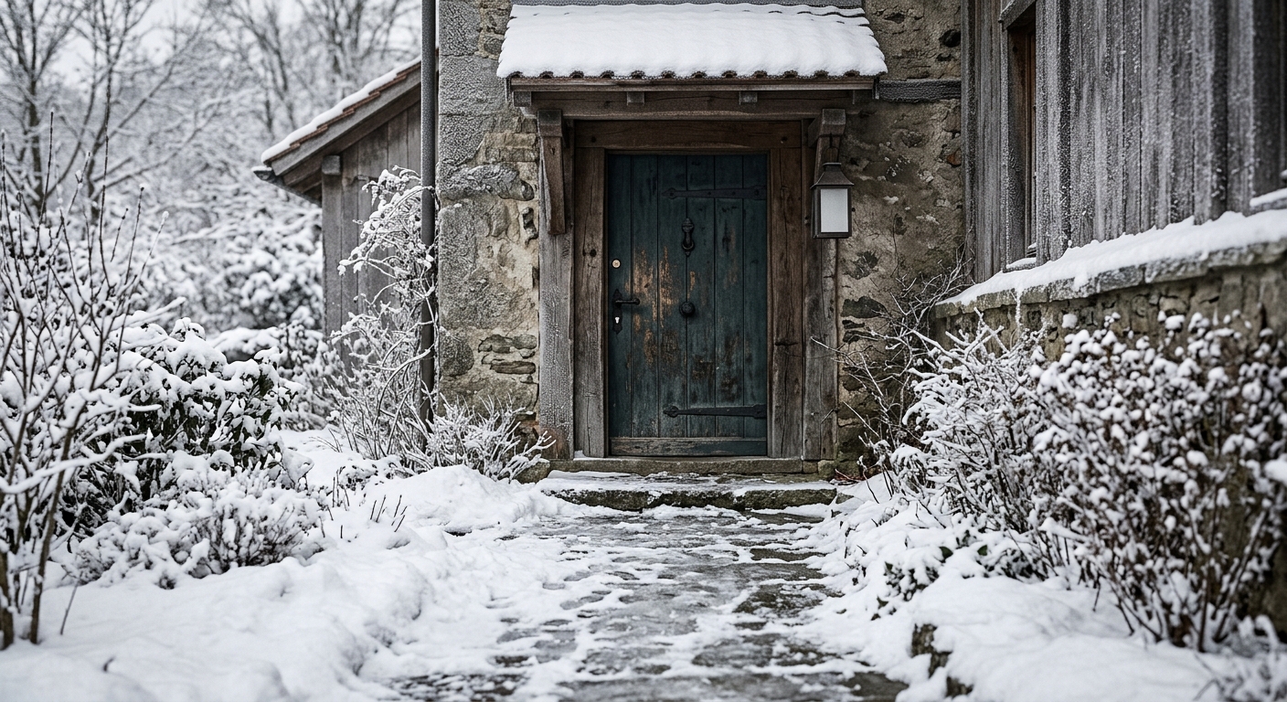an icy snow-covered walkway outside a doorway in winter, no people