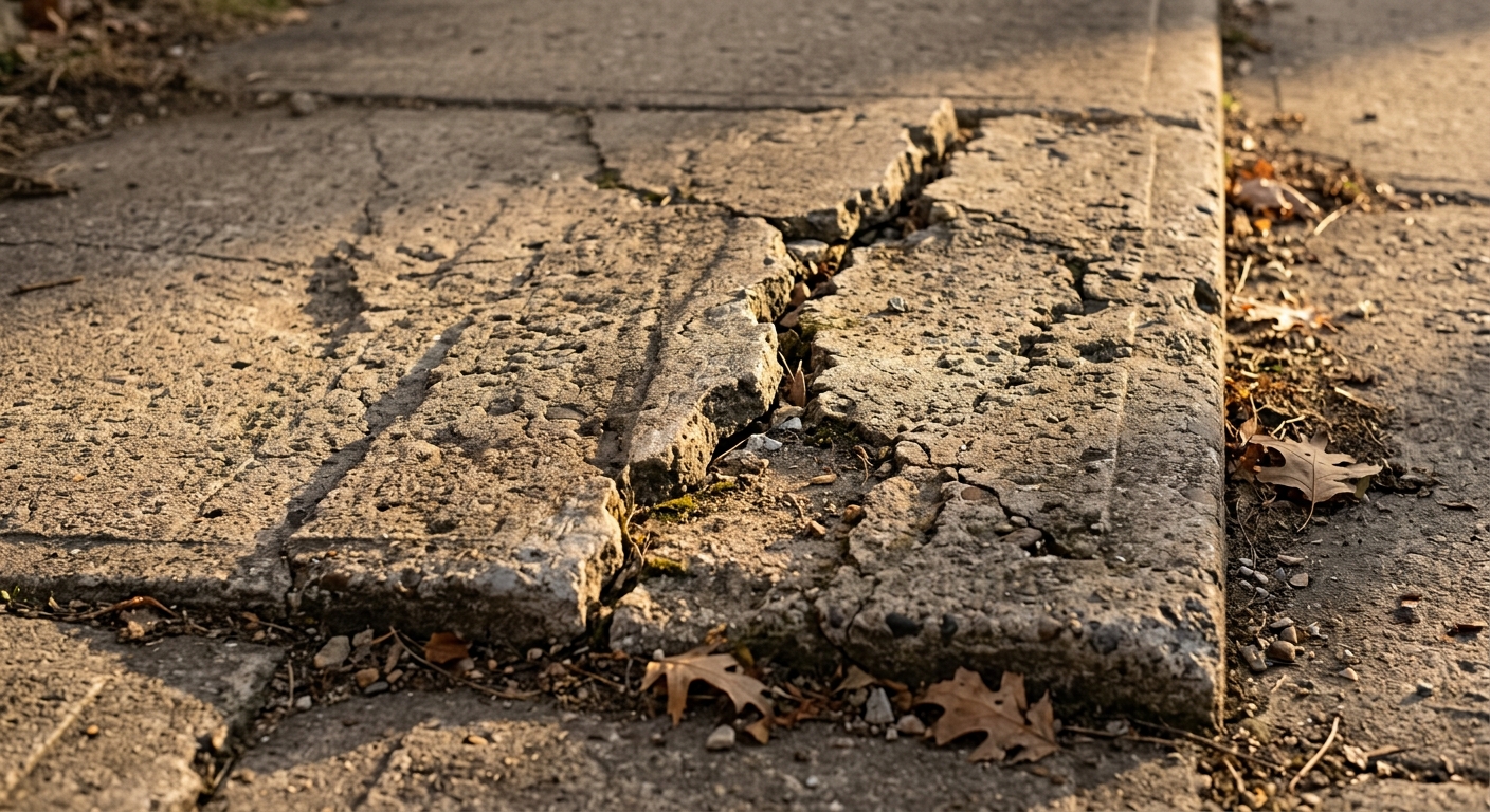 a cracked uneven sidewalk slab in daylight, no people