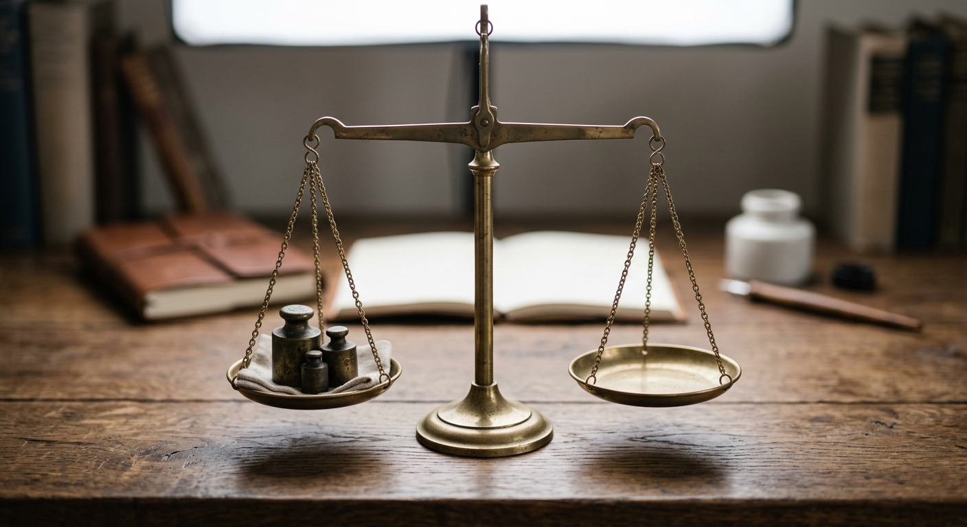 a brass set of balance scales on a wooden desk