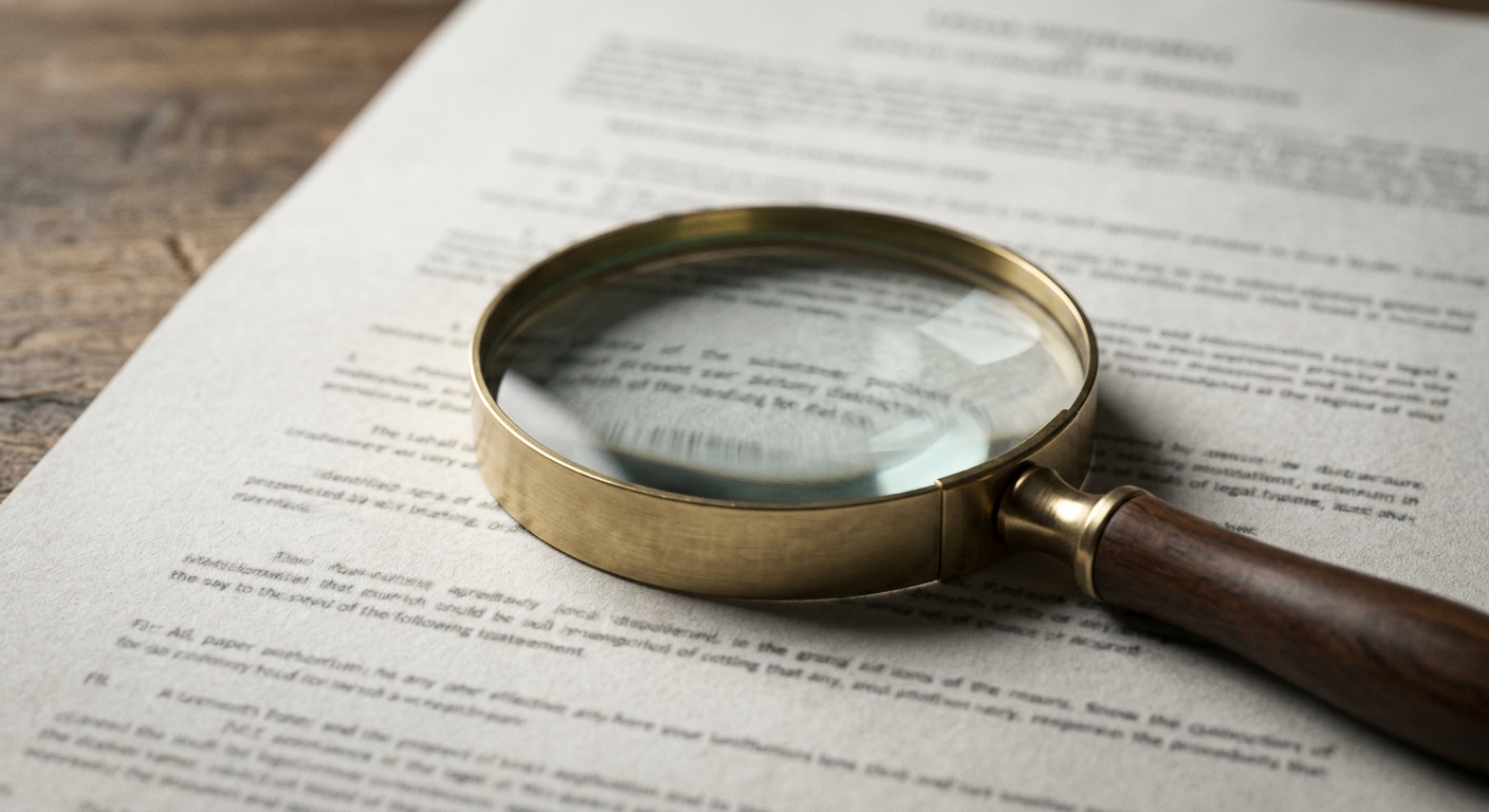 a magnifying glass resting on a printed legal document on a desk