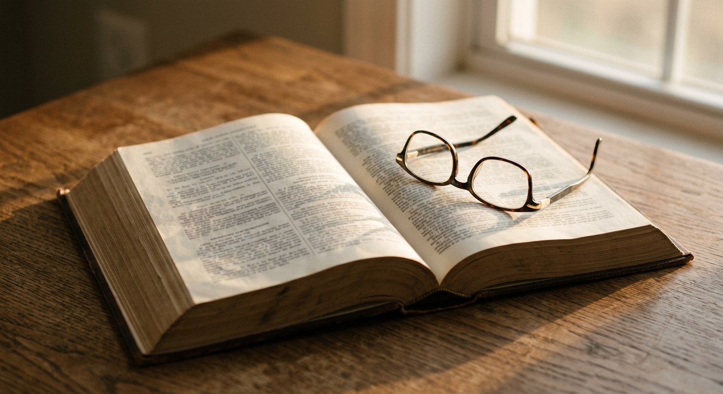 an open law book to a dense statute page with reading glasses