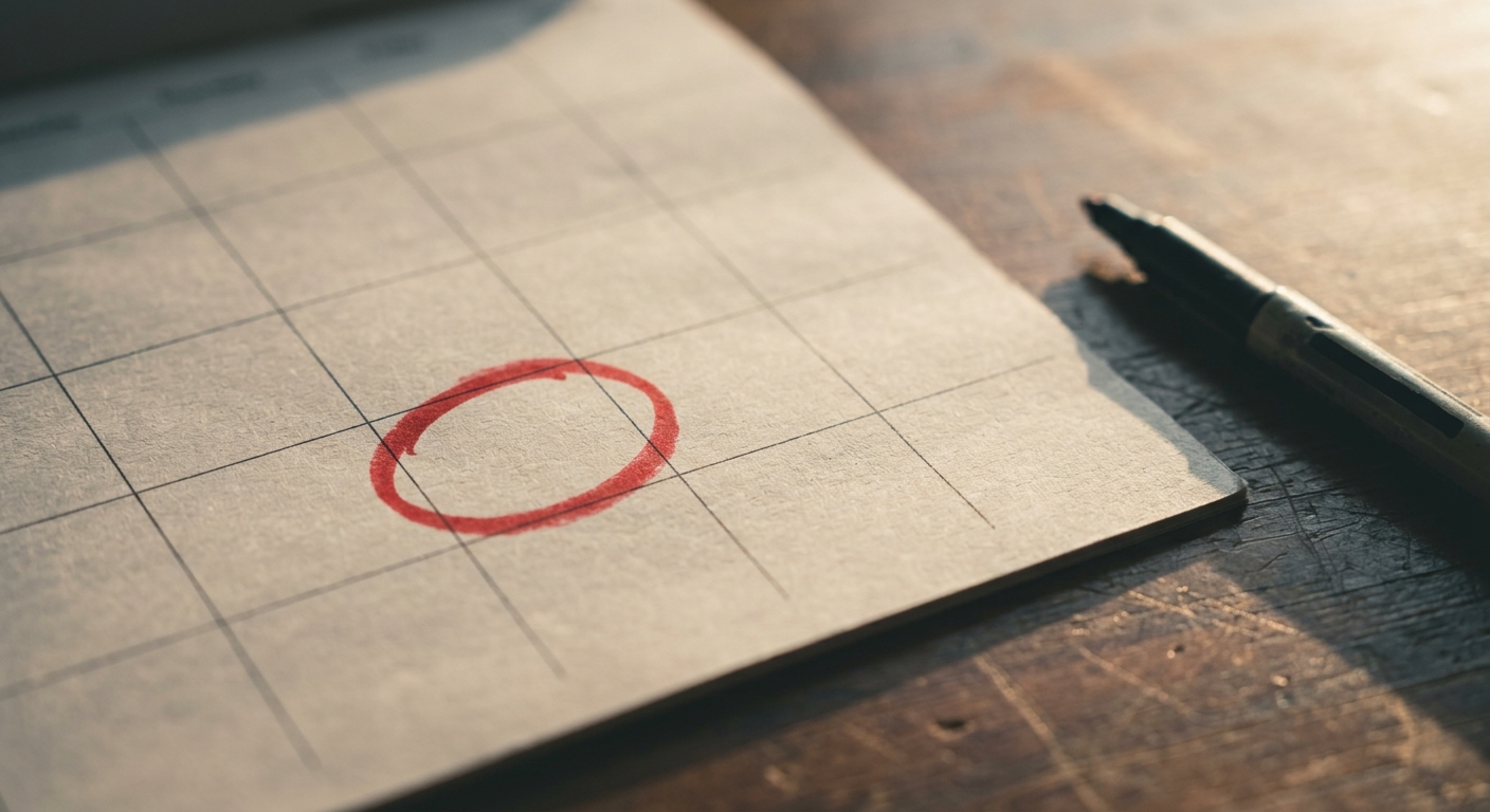 a wall calendar with one date circled in red marker on a desk