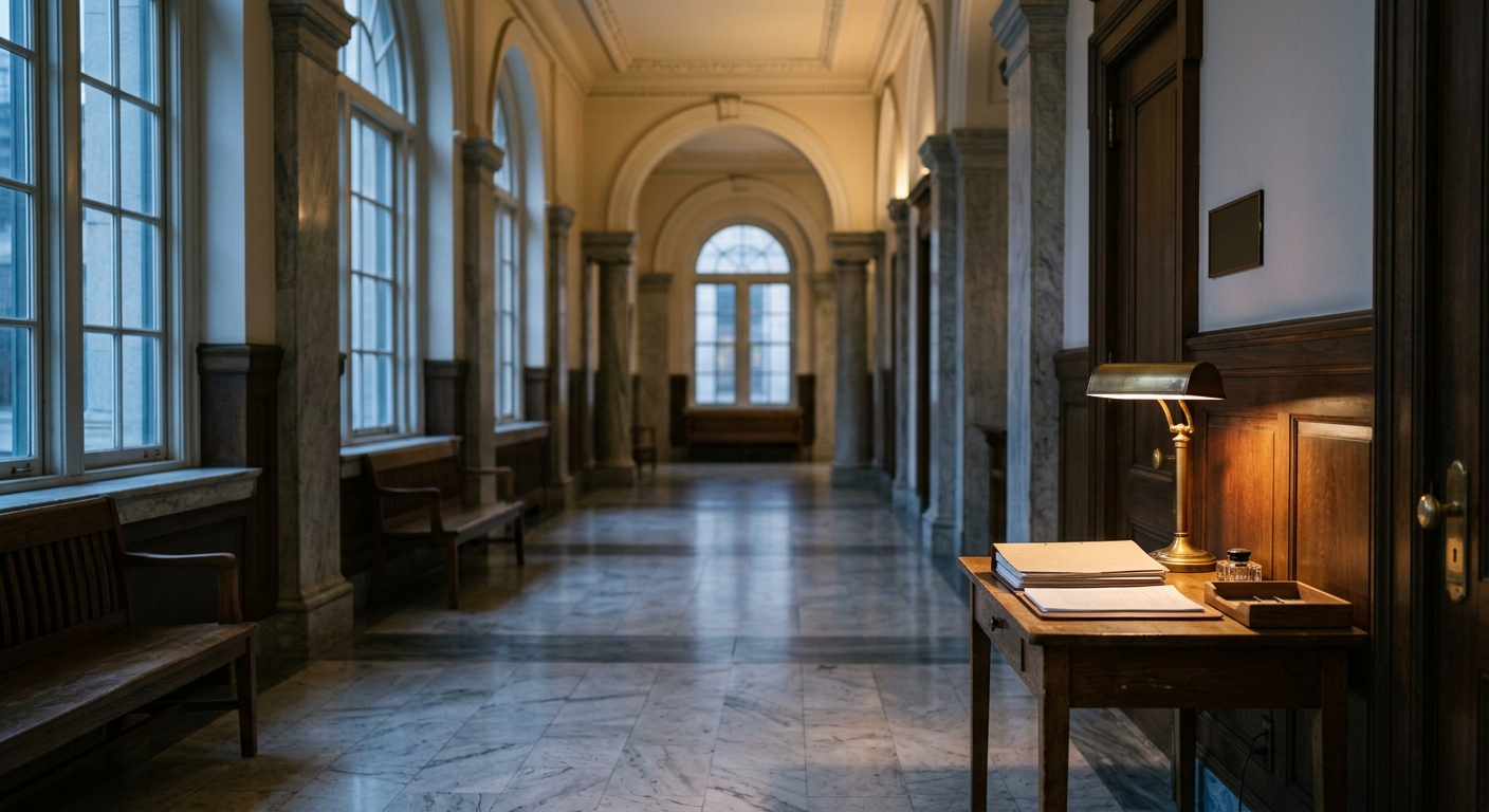 a courthouse hallway with marble floors and tall windows