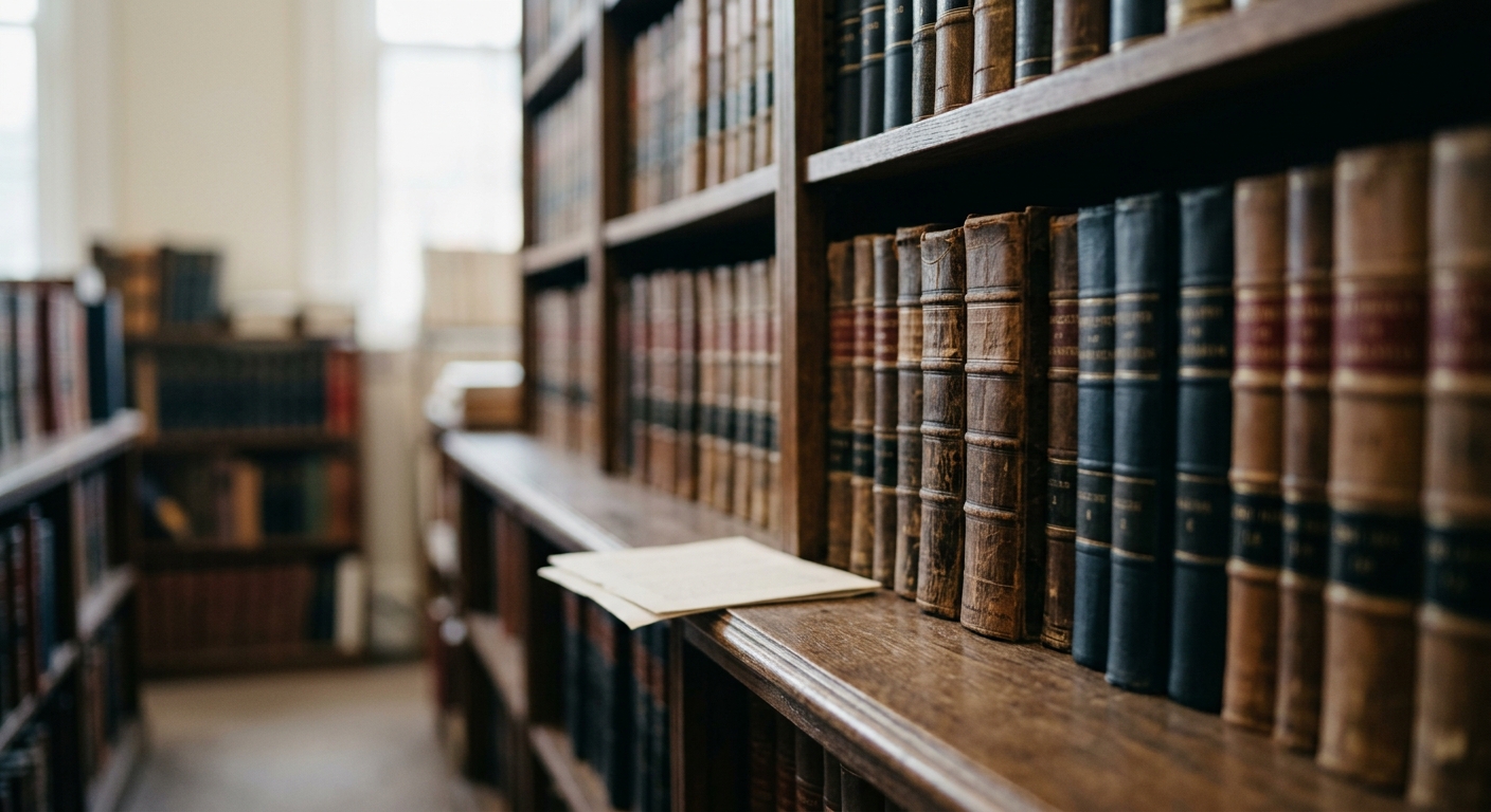 a quiet law library aisle with tall shelves of bound legal volumes