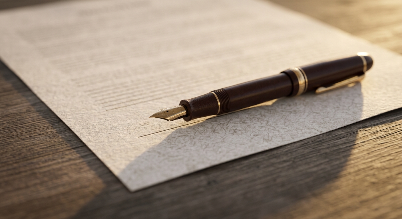 a fountain pen resting on the signature line of a printed document