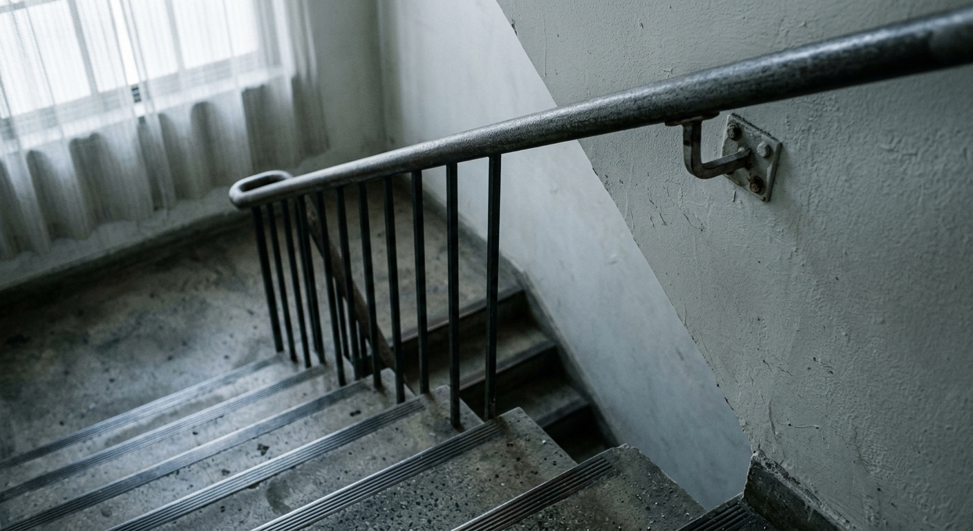 a dimly lit stairwell with a metal handrail, no people