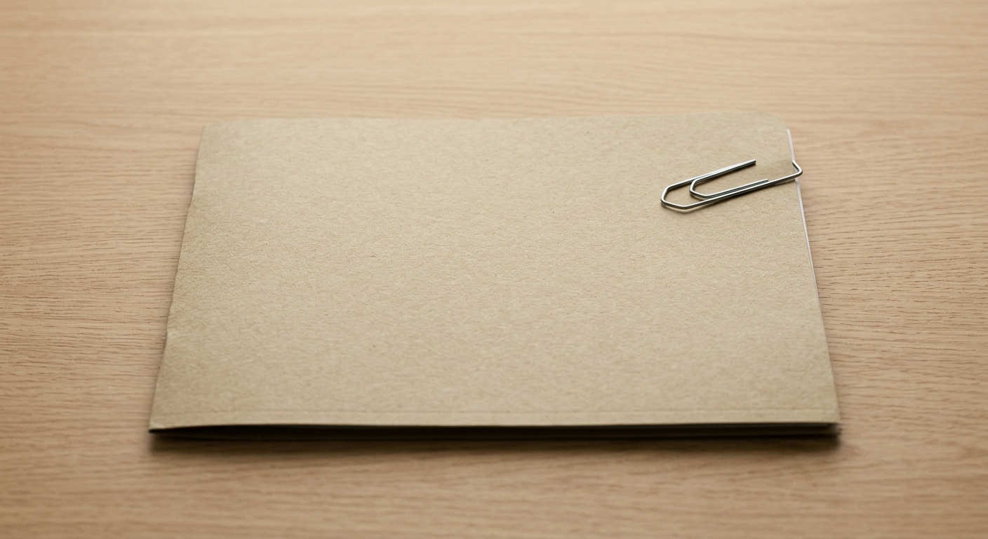 a closed manila folder with a paper clip on a clean desk