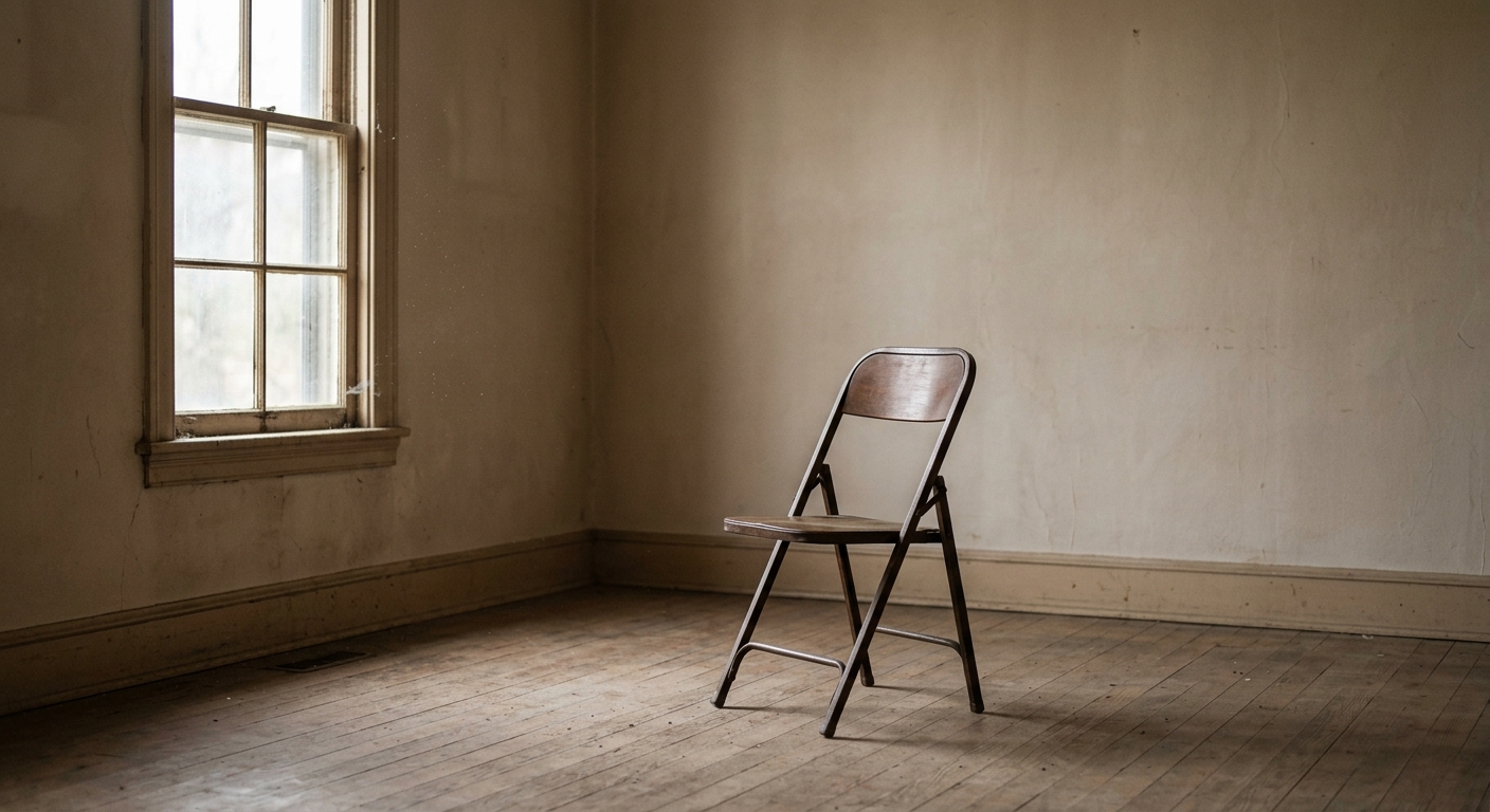 Iowa an empty living room of a house with bare walls and a single folding chair, dusty light through the window