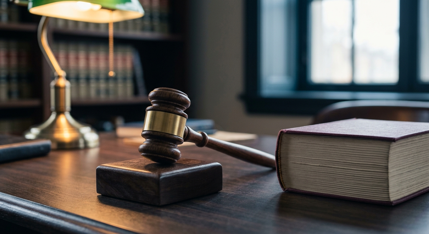 Squatters rights a wooden judge gavel resting on a sound block beside a closed law book